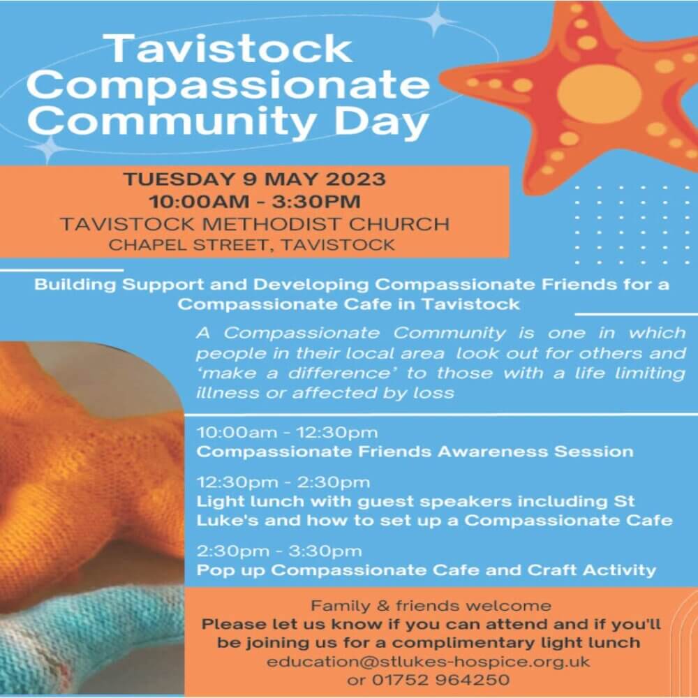 Flyer for Tavistock Compassionate Community Day on May 9, 2023, featuring workshops, lunch, and a craft activity. - Home Instead