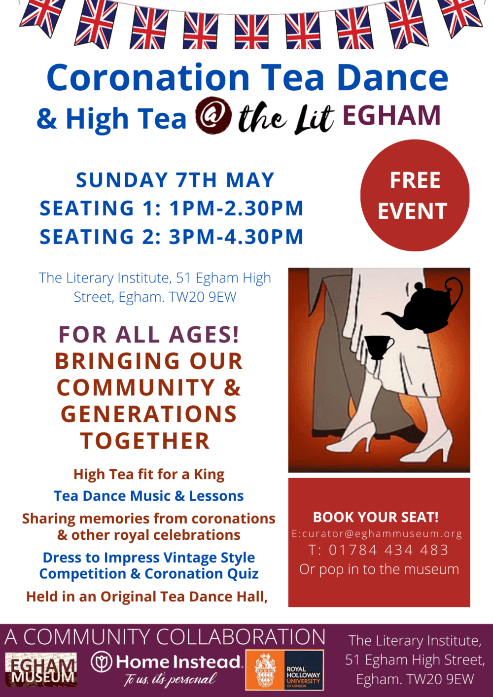 Poster for Coronation Tea Dance on 7 May with high tea, joining generations, music, sharing memories, and a costume contest. - Home Instead