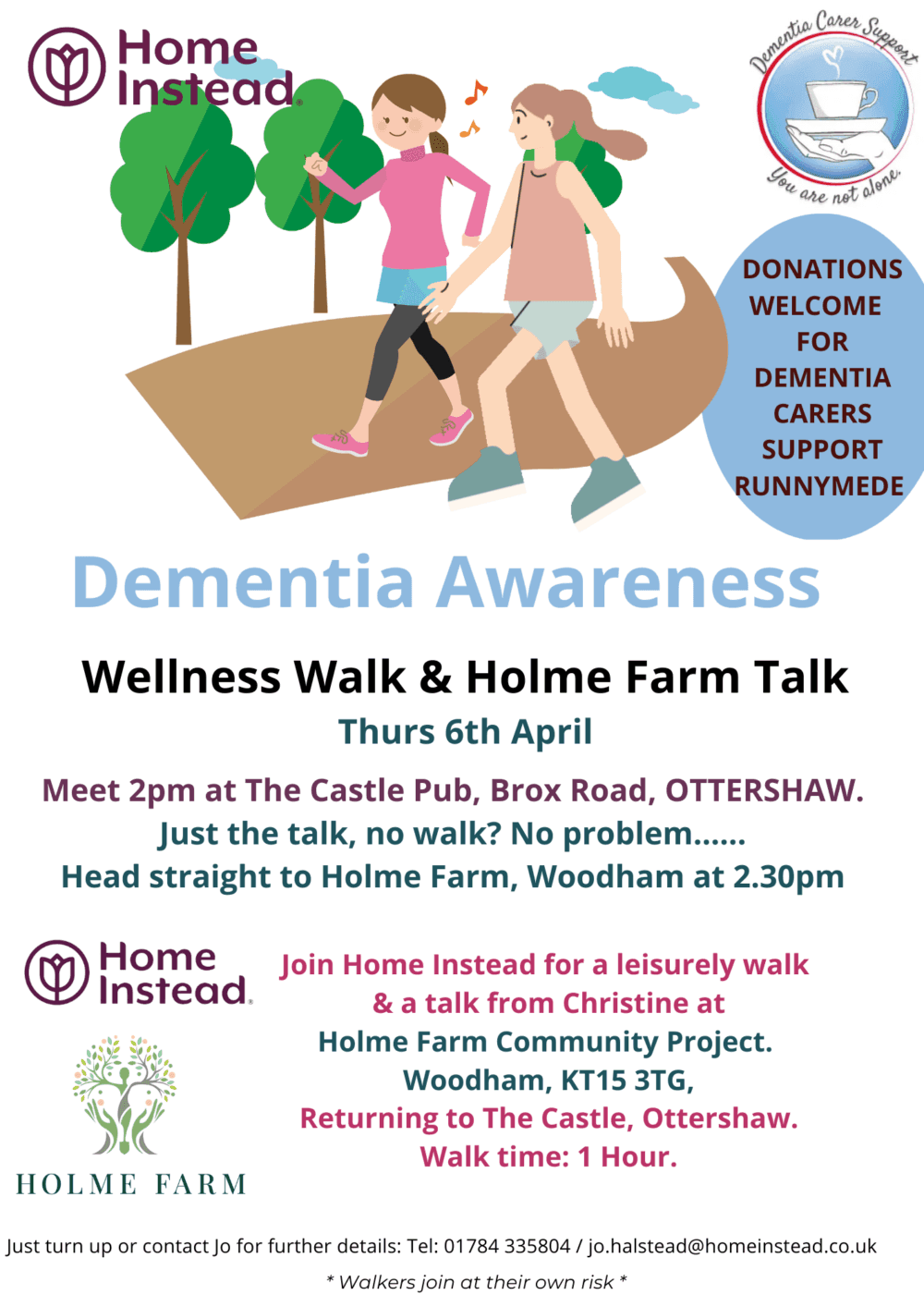 Flyer for Dementia Awareness event on April 6th with a wellness walk at 2pm and a talk at 2:30pm at Holme Farm Community Project. - Home Instead