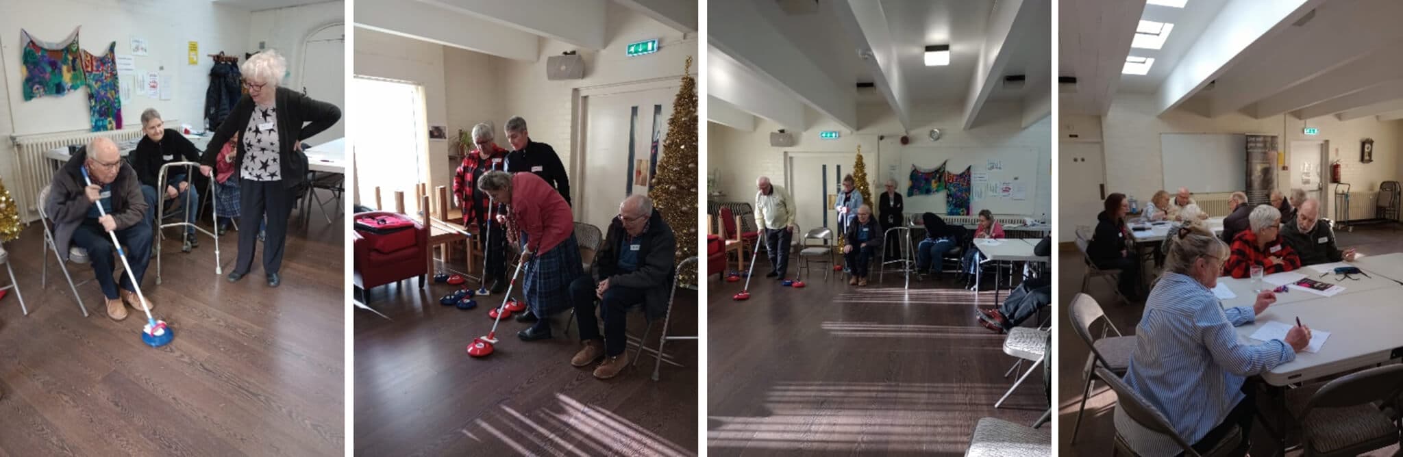Group of elderly people participating in various indoor activities in a community center. - Home Instead