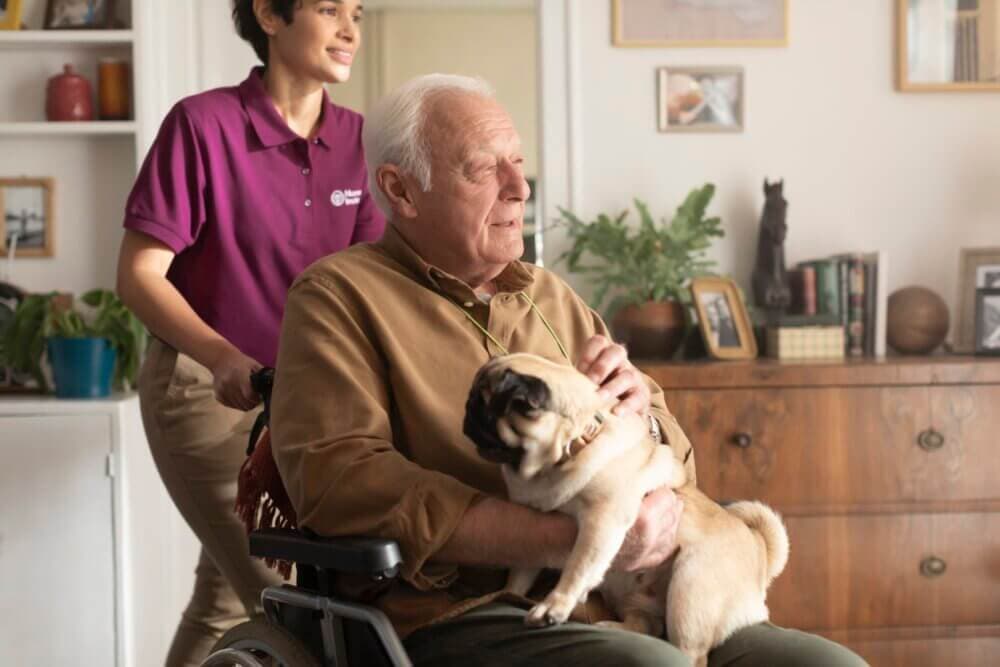 An elderly man in a wheelchair holds a pug while a caregiver stands behind him, smiling in a cozy room. - Home Instead