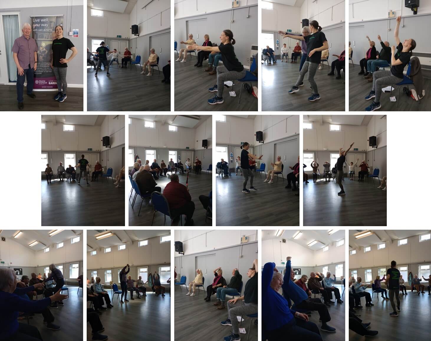 Collage of people participating in group exercise sessions in a bright, spacious room with chairs and banners visible. - Home Instead