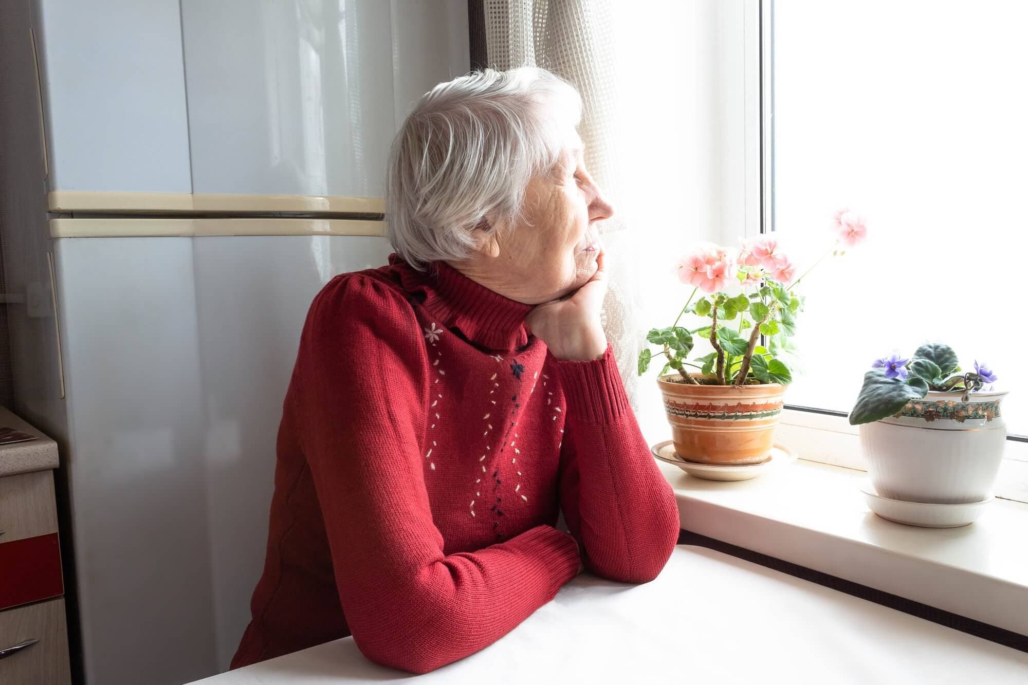 An elderly woman in a red sweater gazes out a bright window, with potted plants on the windowsill beside her. - Home Instead