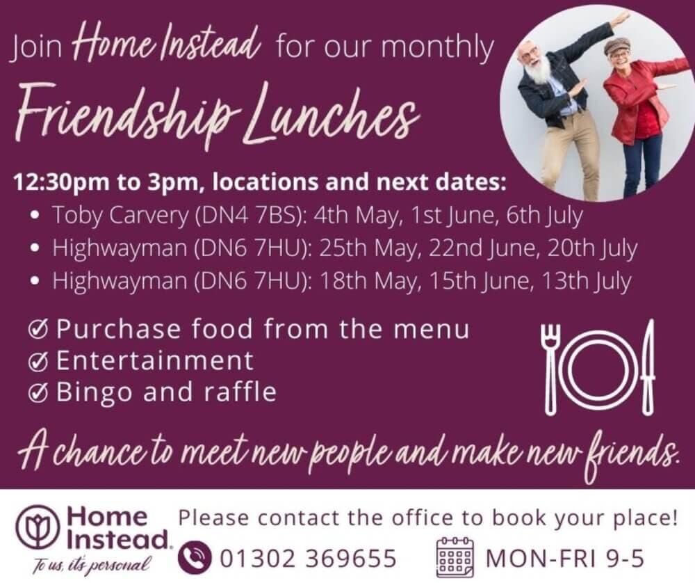 Flyer for Home Instead's monthly Friendship Lunches with dates, activities, and contact information. - Home Instead