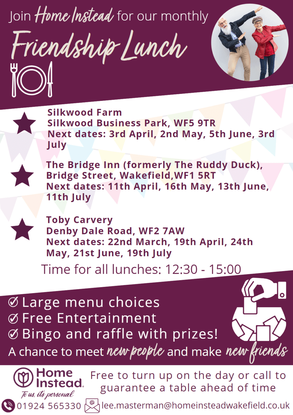 Flyer for a monthly Friendship Lunch event by Home Instead, detailing dates, locations, and times with contact information. - Home Instead