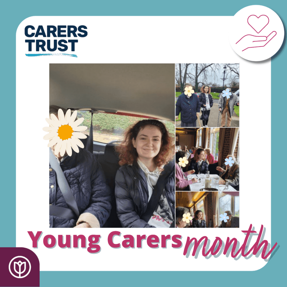 Collage of young carers with flowers over faces for privacy, celebrating Young Carers Month, organized by Carers Trust. - Home Instead