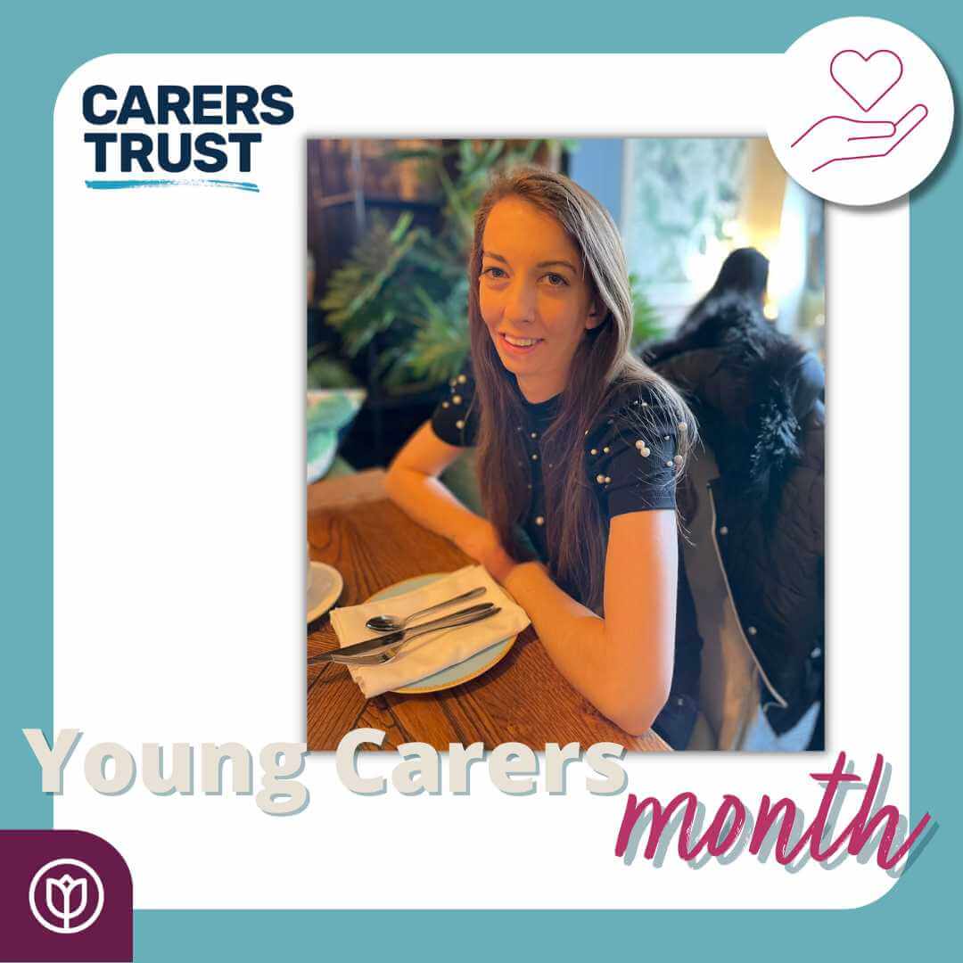 A young woman sitting at a table, logo text reads "Carers Trust. Young Carers Month. - Home Instead