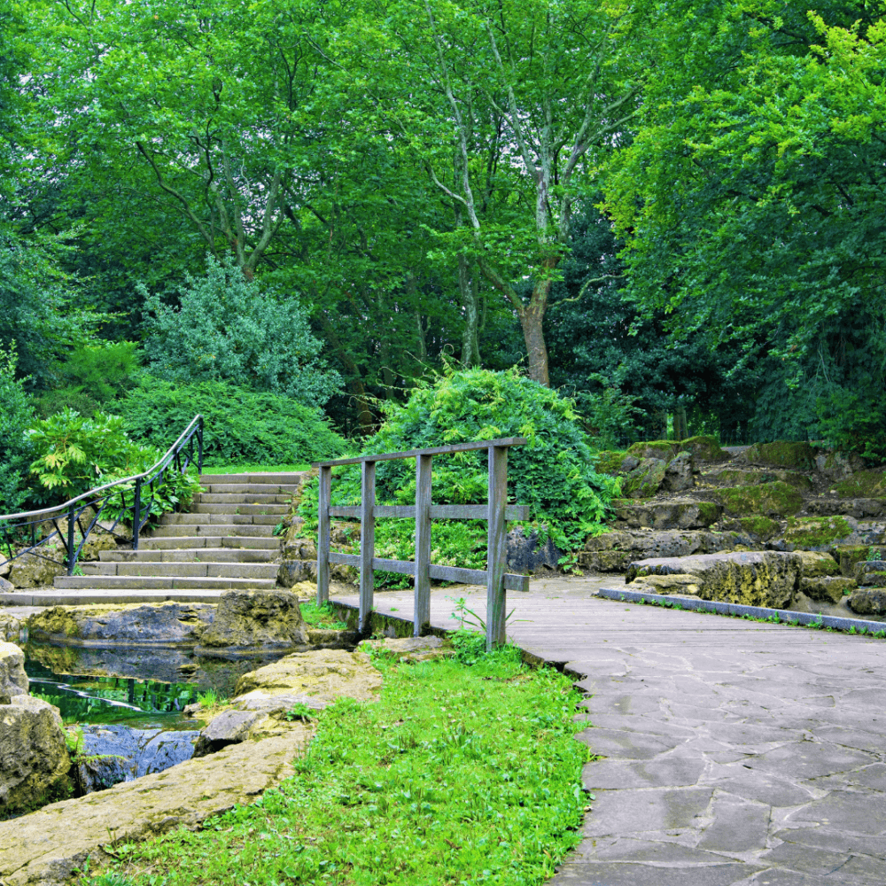 A stone path and bridge lead through a lush green garden with dense trees and shrubs. - Home Instead