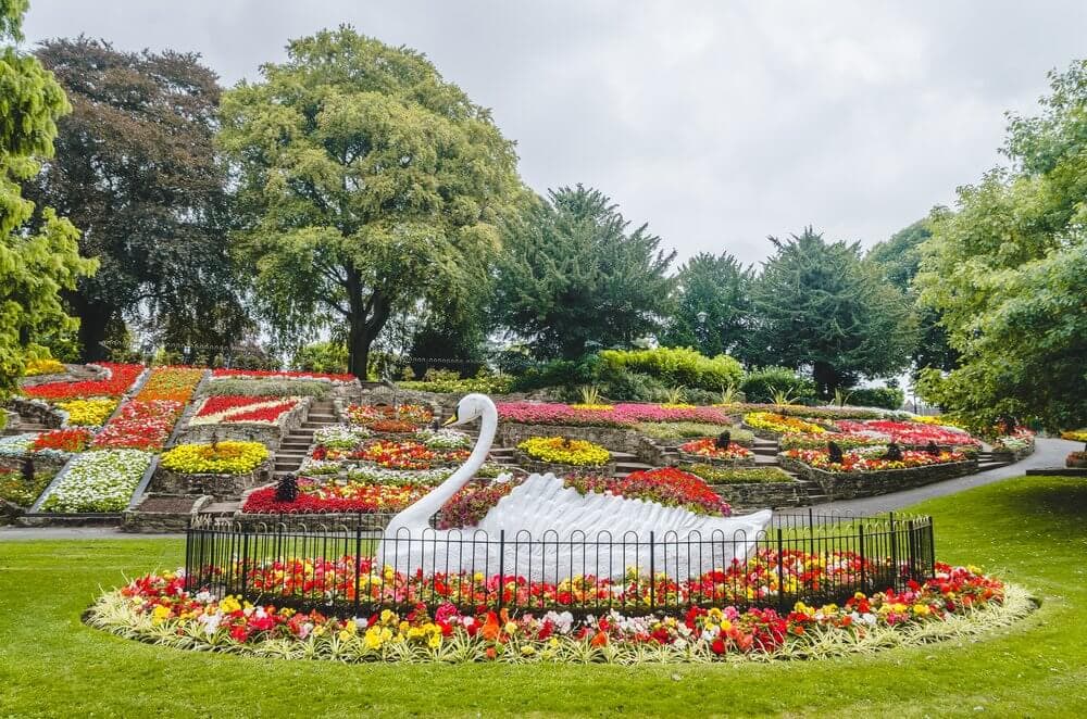 A vibrant garden with colorful flower beds, a swan-shaped topiary, and lush green trees in the background. - Home Instead