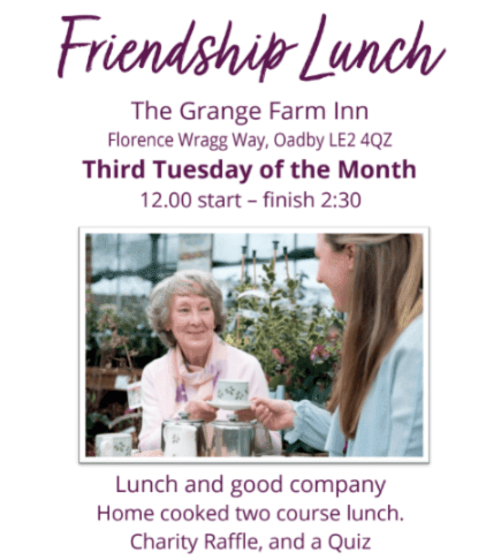 Flyer for a Friendship Lunch at The Grange Farm Inn, every third Tuesday of the month from 12:00 PM to 2:30 PM. - Home Instead
