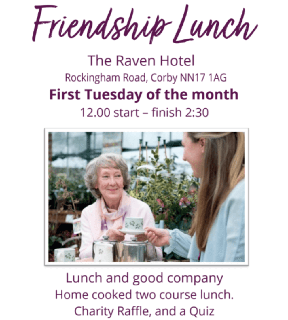 Two women enjoying tea and a meal at a Friendship Lunch event at The Raven Hotel, held monthly. - Home Instead