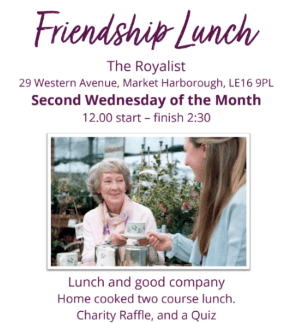 Two women enjoying tea at a Friendship Lunch event with details about the lunch, location, and activities. - Home Instead