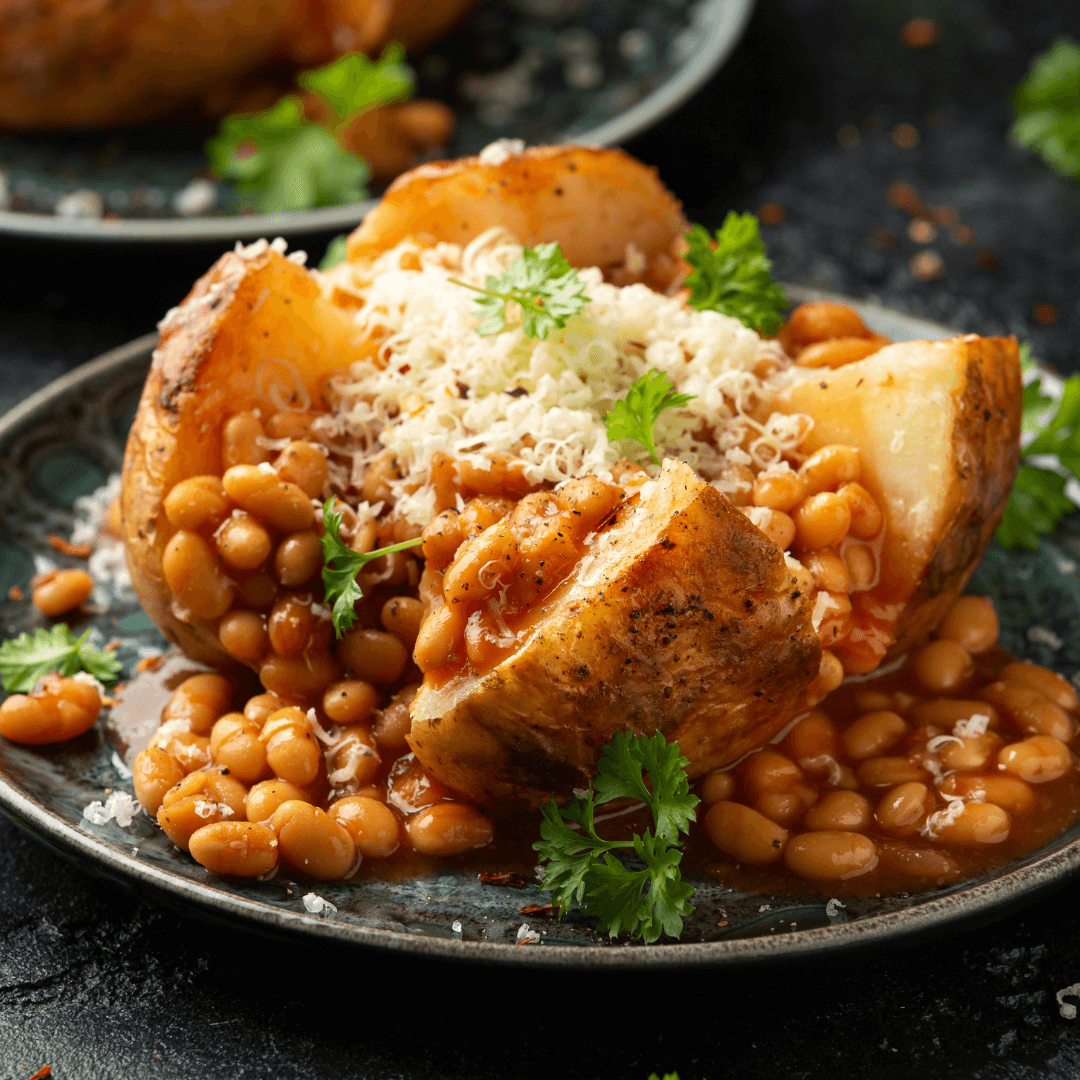 Baked potato topped with baked beans, grated cheese, and garnished with parsley on a dark plate. - Home Instead