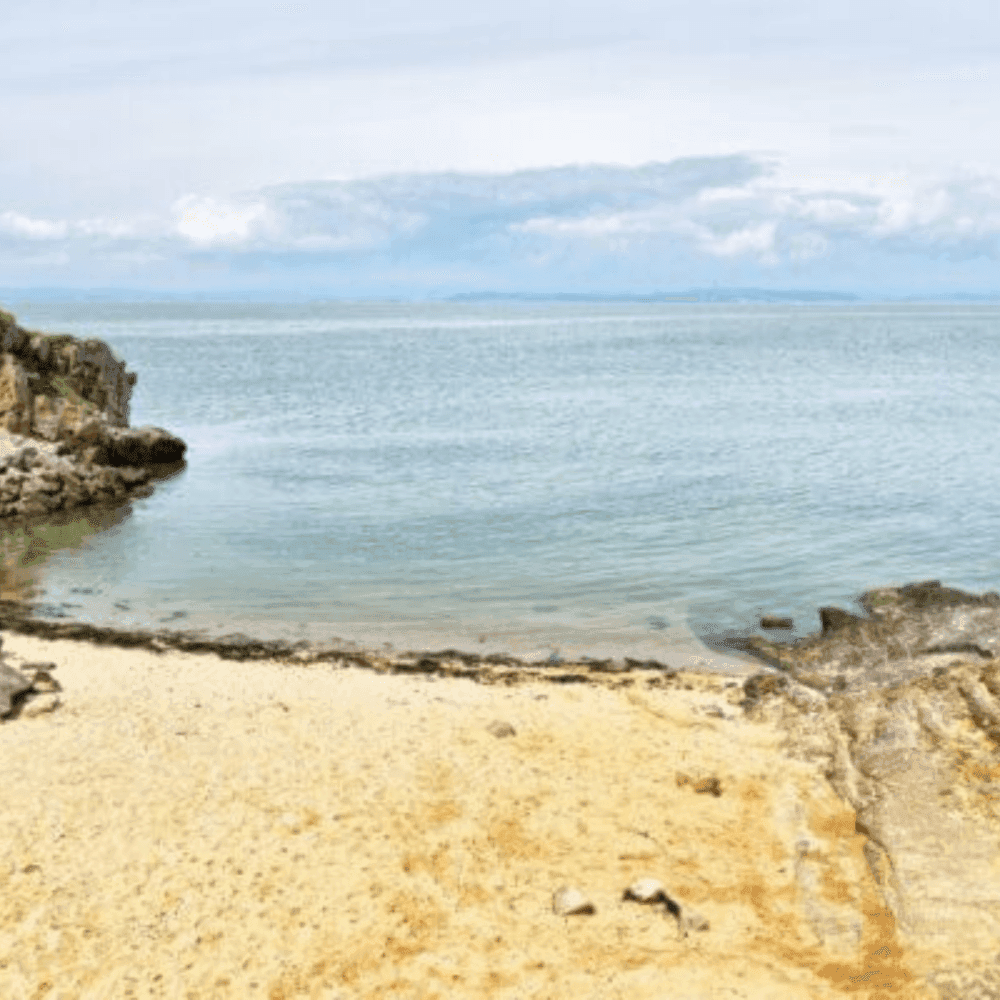 A serene beach with sandy shore, rocky edges, calm sea, and a cloudy sky in the horizon. - Home Instead