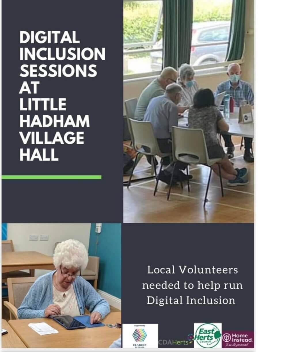 Flyer displaying "Digital Inclusion Sessions at Little Hadham Village Hall" with images of people using tablets. - Home Instead