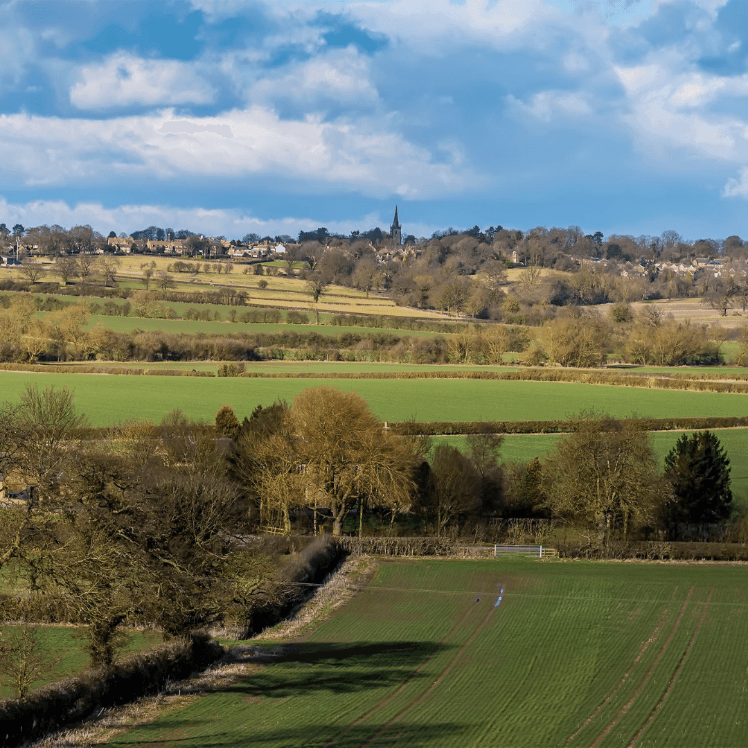 Idyllic countryside with green fields, distant village, church spire, trees, and a partly cloudy sky. - Home Instead