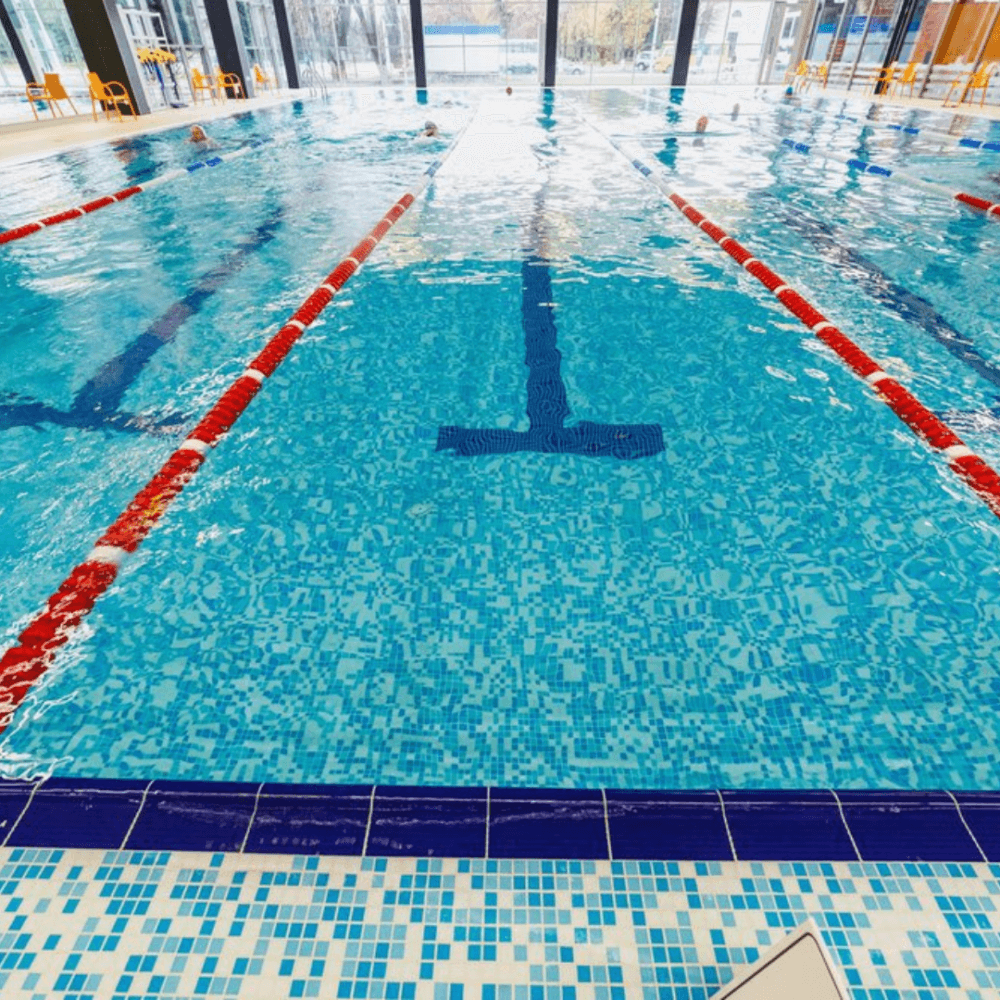 Indoor swimming pool with clear water, lane dividers, and pool markings, surrounded by large windows and chairs. - Home Instead