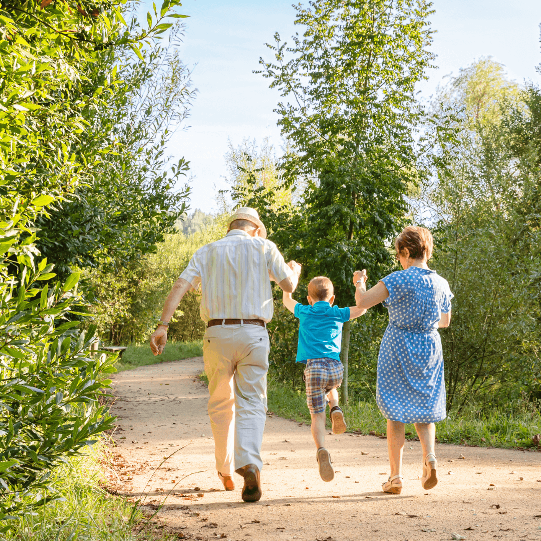 Two elders and a child holding hands and walking down a forest path on a sunny day. - Home Instead