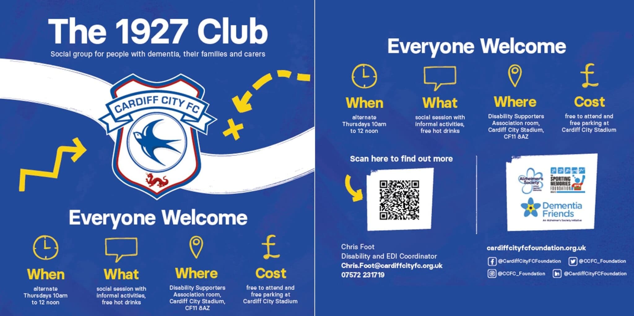 Flyer for "The 1927 Club" by Cardiff City FC, supporting people with dementia. Details on meetings and contact info included. - Home Instead
