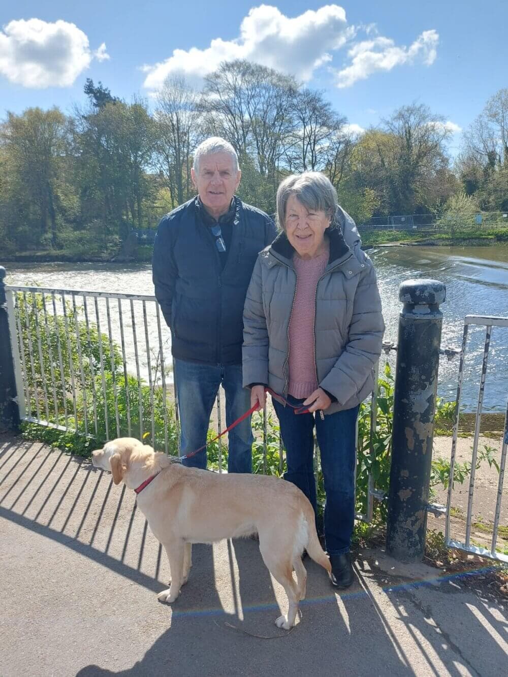 An elderly couple stands on a riverbank with a yellow labrador on a leash. Trees and water feature in the background. - Home Instead