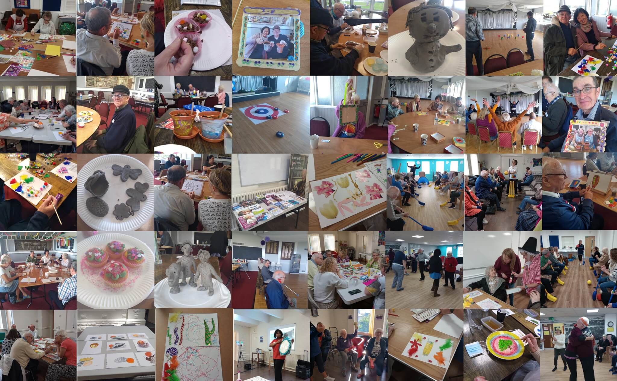 Collage of people crafting and painting at the Torbay Dementia Art Exhibition, showing various art pieces and activities. - Home Instead