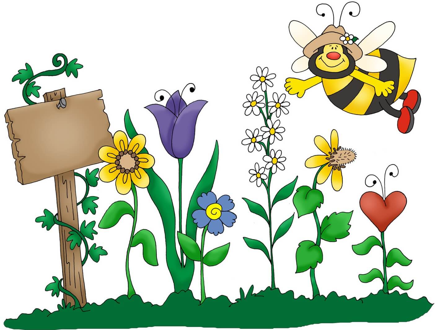 Cartoon bee flying above colorful flowers and a wooden sign in a cheerful garden setting. - Home Instead