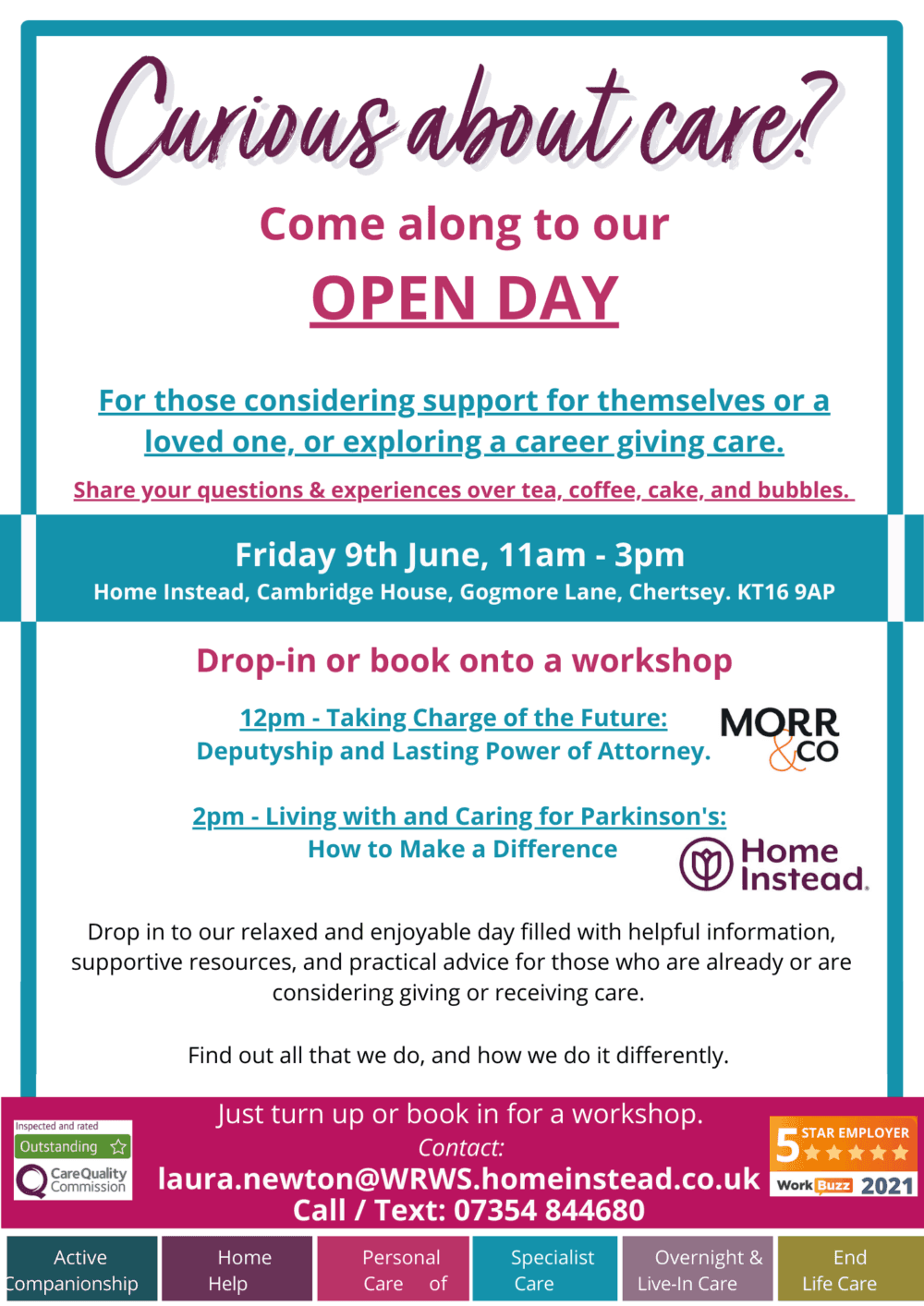 Flyer for an open day about care, featuring sessions on legal support and Parkinson’s care, with date, time, and contact details. - Home Instead