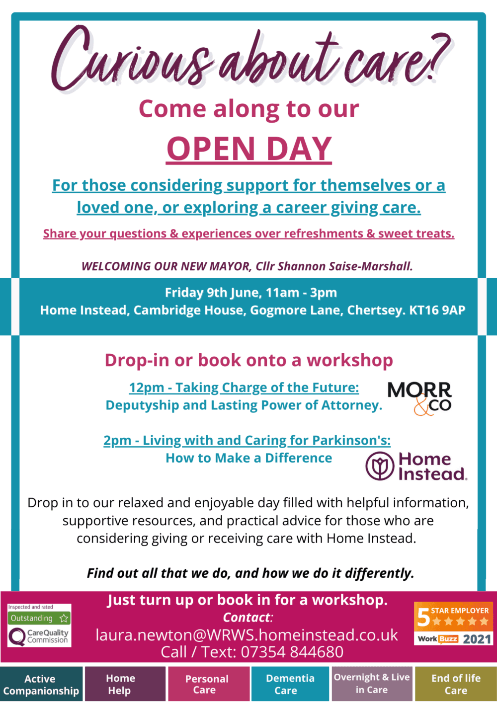 Flyer for an open day about care support and careers, with workshops, refreshments, and contact info. Open Day: June 9, 11am-3pm. - Home Instead