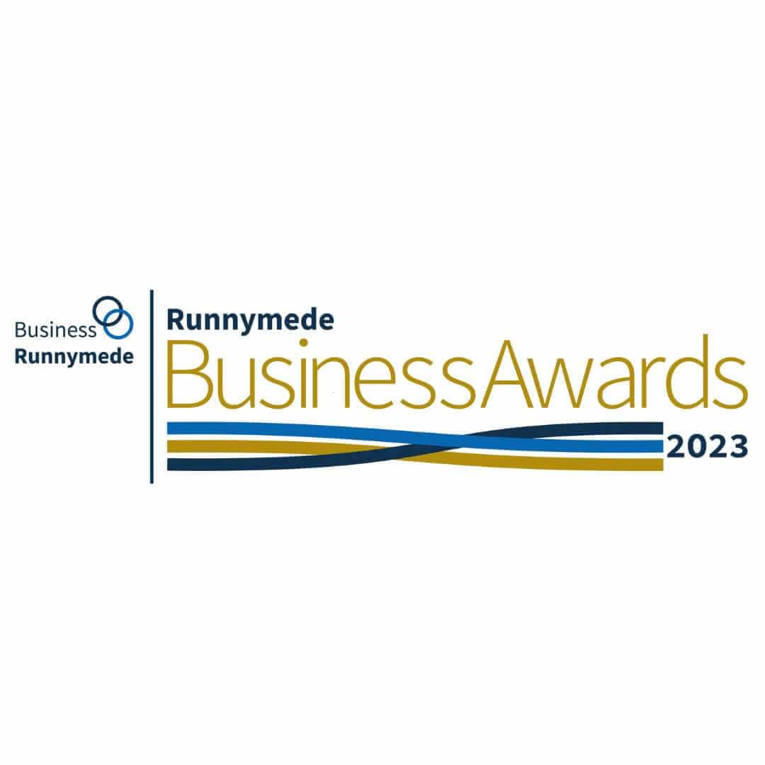 Runnymede Business Awards 2023 logo with blue and gold lines and the text "Business Runnymede. - Home Instead