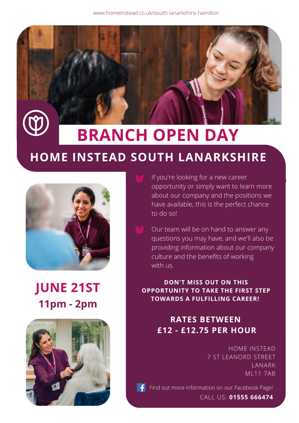 Flyer for Home Instead South Lanarkshire Branch Open Day on June 21st, 11 am-2 pm, with event details and a contact number. - Home Instead
