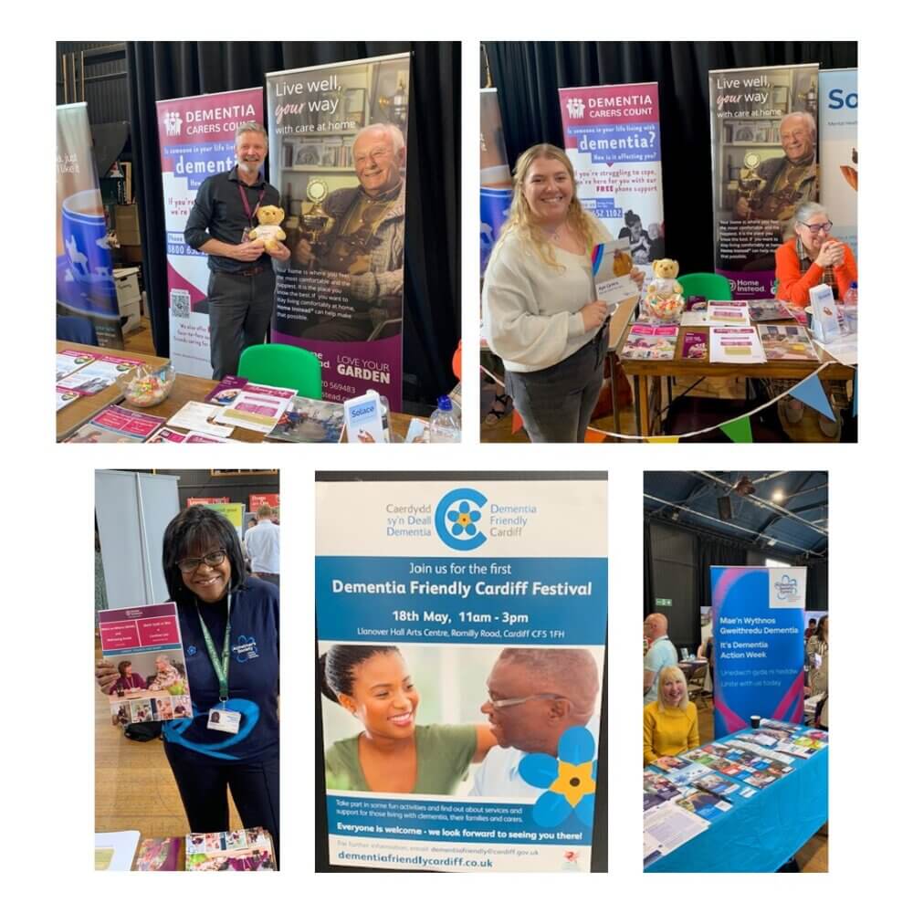 Various booths and people at a dementia awareness event displaying information and promotional material. - Home Instead