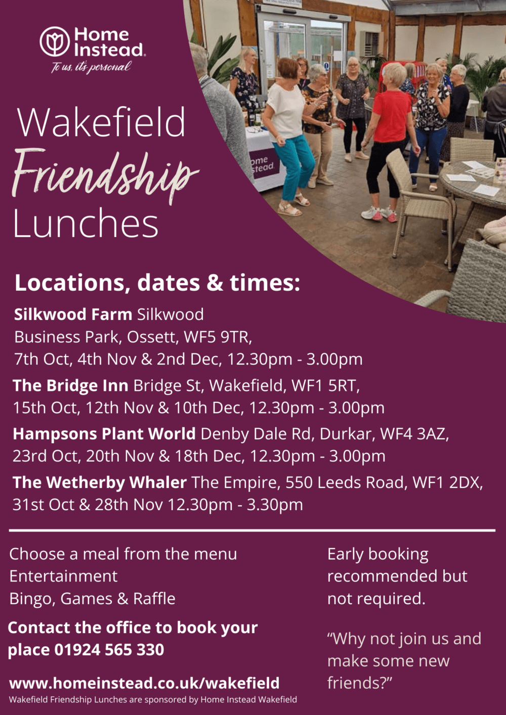 Poster for Wakefield Friendship Lunches with event details, contact info, and an invitation to book early. - Home Instead