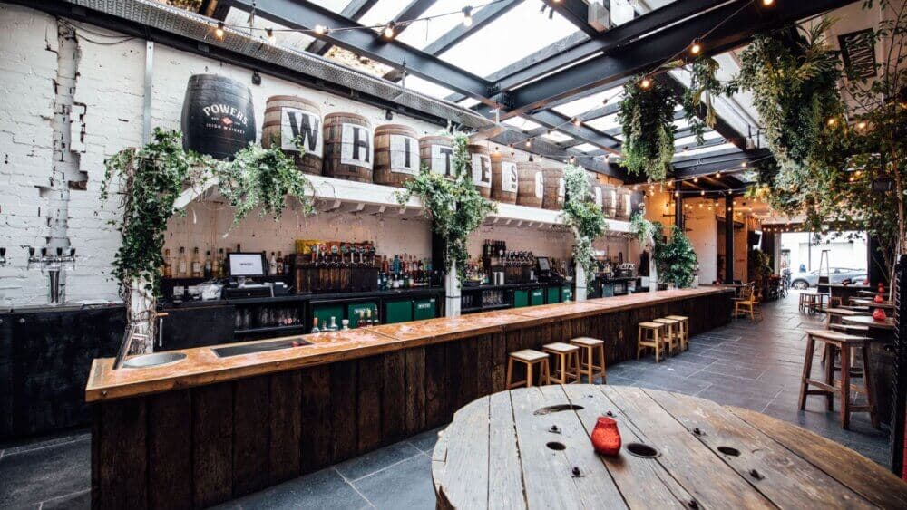 A spacious bar area with wooden counters, stools, hanging plants, and a glass roof letting in natural light. - Home Instead