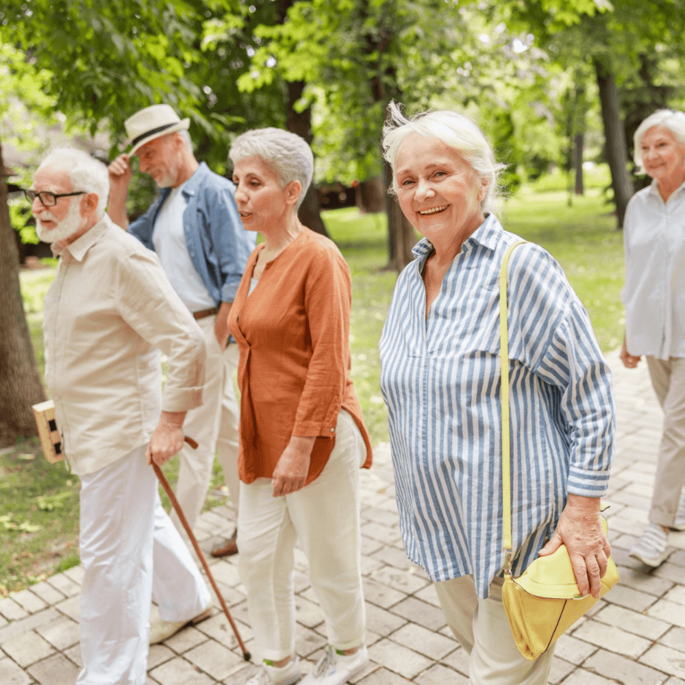 A group of happy elderly people walking together in a park on a sunny day, with trees and greenery in the background. - Home Instead