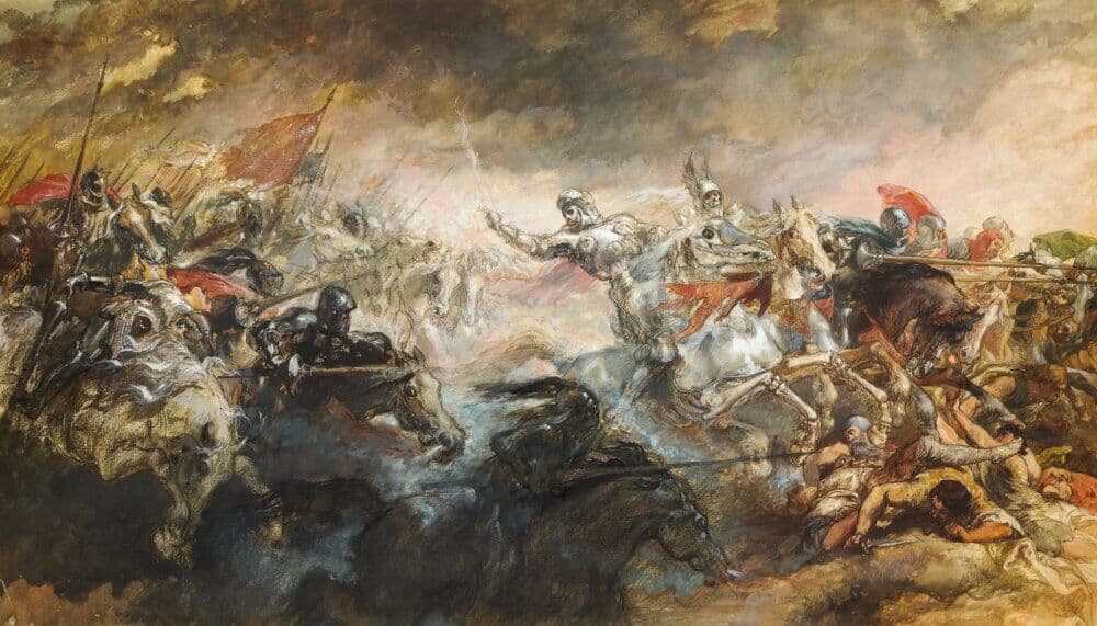 A dynamic painting depicts a chaotic medieval battle with knights on horseback and soldiers fighting intensely. - Home Instead