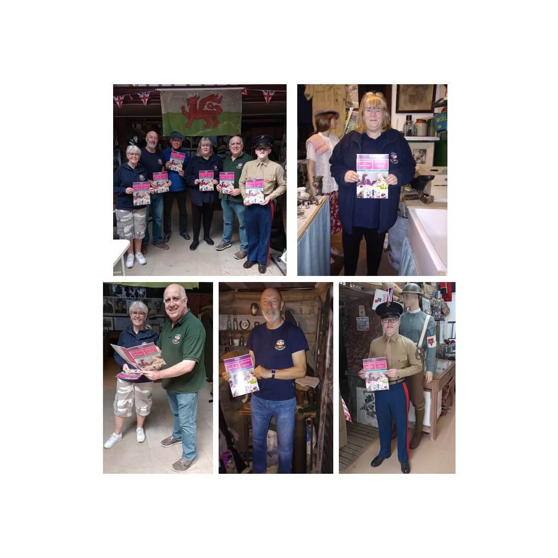 A collage of people holding up booklets during a social event, with some dressed in casual and others in themed outfits. - Home Instead