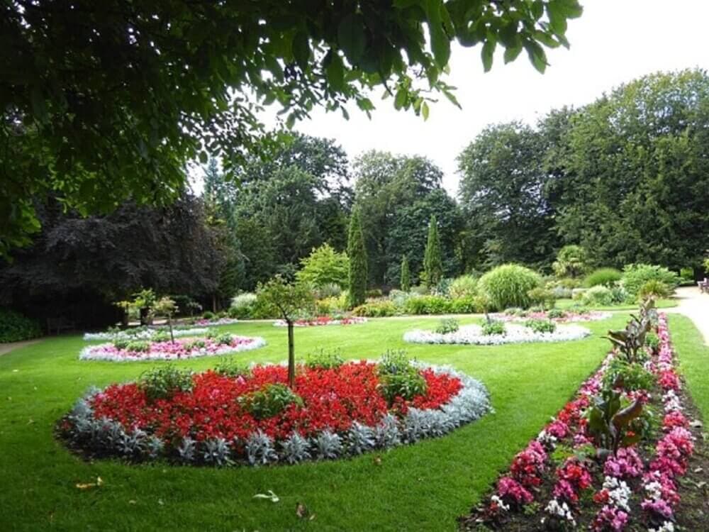 A vibrant garden with circular flower arrangements, green grass, and lush trees in the background on a cloudy day. - Home Instead
