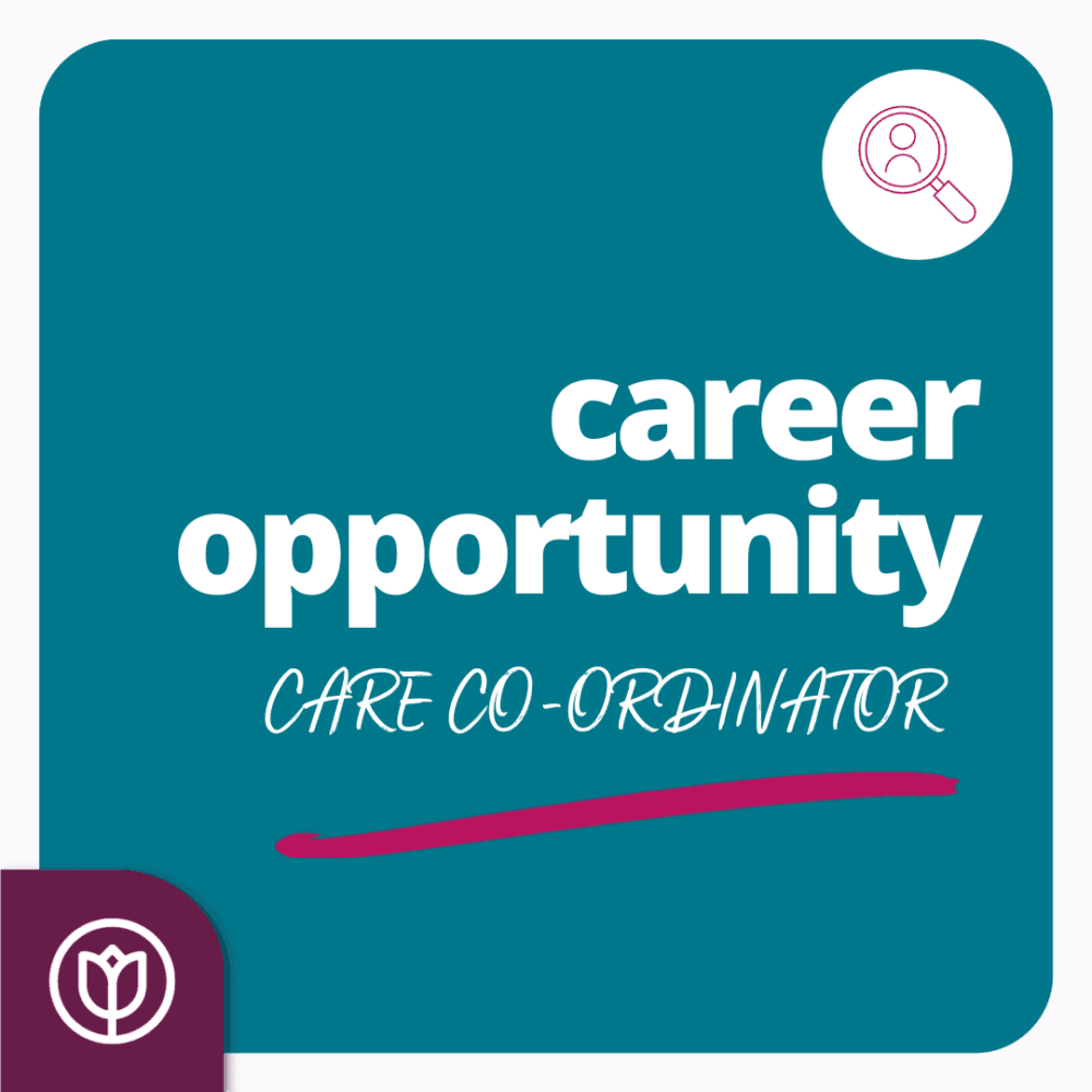 Teal square graphic with "career opportunity" and "CARE CO-ORDINATOR" text and icon of magnifying glass and flower. - Home Instead