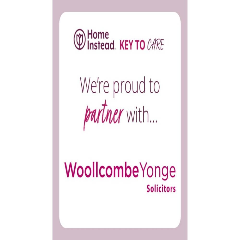 Home Instead partners with Woollcombe Yonge Solicitors, as shown in pink and black text on a white background. - Home Instead