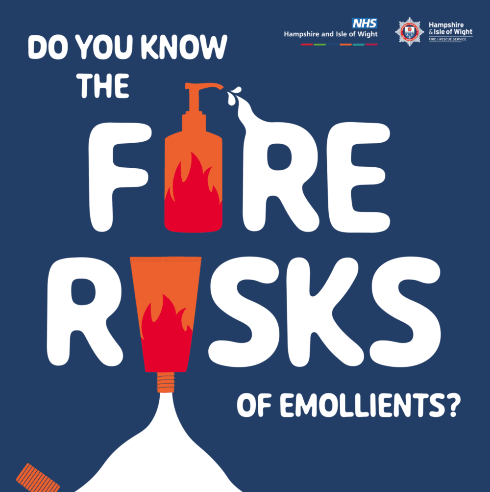 Text graphic: "Do you know the fire risks of emollients?" with illustrations of lotion bottles and logos of NHS and Hampshire. - Home Instead