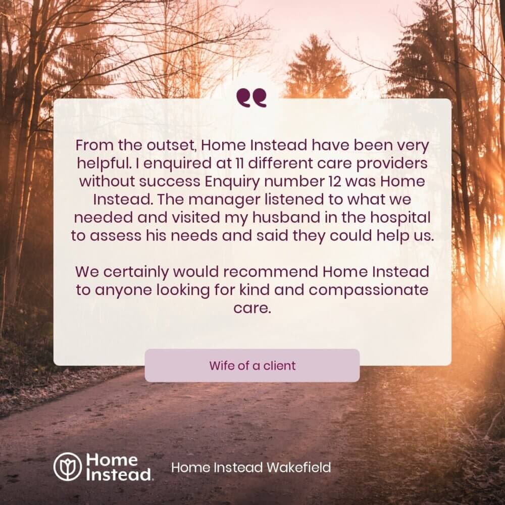 Testimonial about Home Instead's service, shown over a serene forest path background with the Home Instead logo. - Home Instead