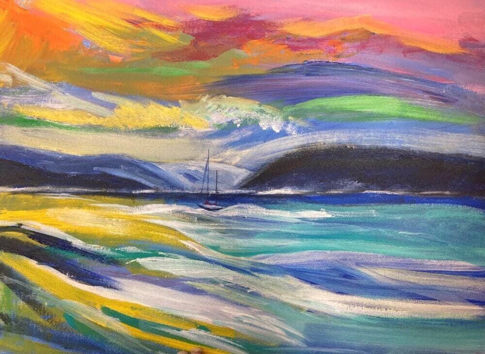 Colorful painting of a sailboat on wavy water with a vibrant, multi-hued sky and distant mountains. - Home Instead