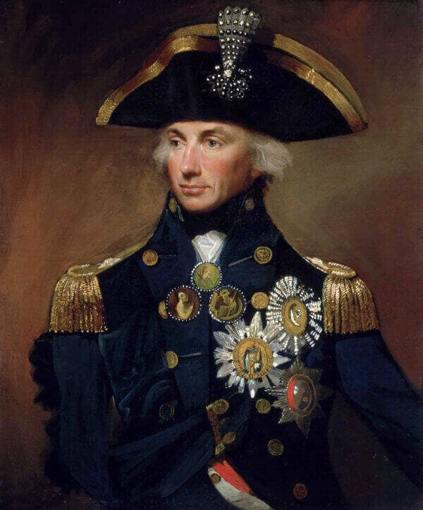 A portrait of a man in a dark naval uniform with medals and a large bicorn hat, against a plain background. - Home Instead