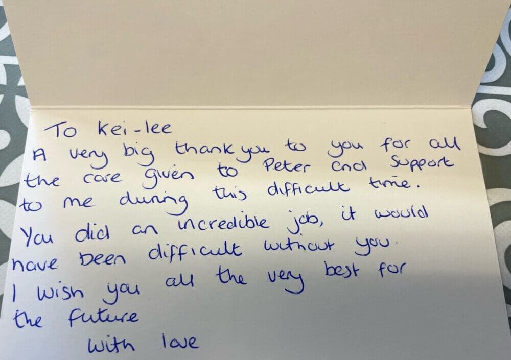 A handwritten thank-you note expressing gratitude to Kei-lee for their support during a difficult time. - Home Instead