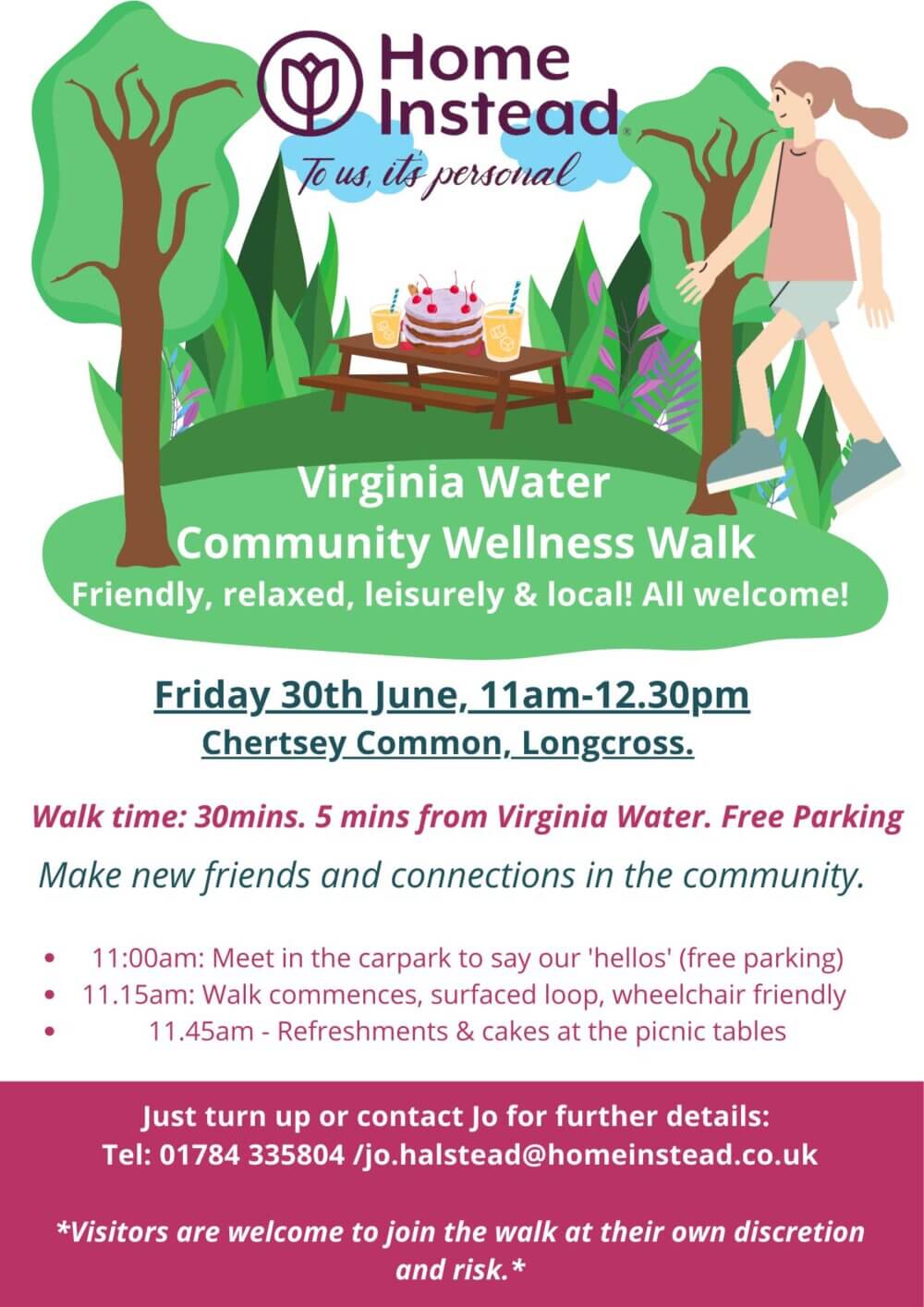 Flyer for Virginia Water Community Wellness Walk on 30th June, 11am-12.30pm at Chertsey Common. Friendly, relaxed, all welcome. - Home Instead