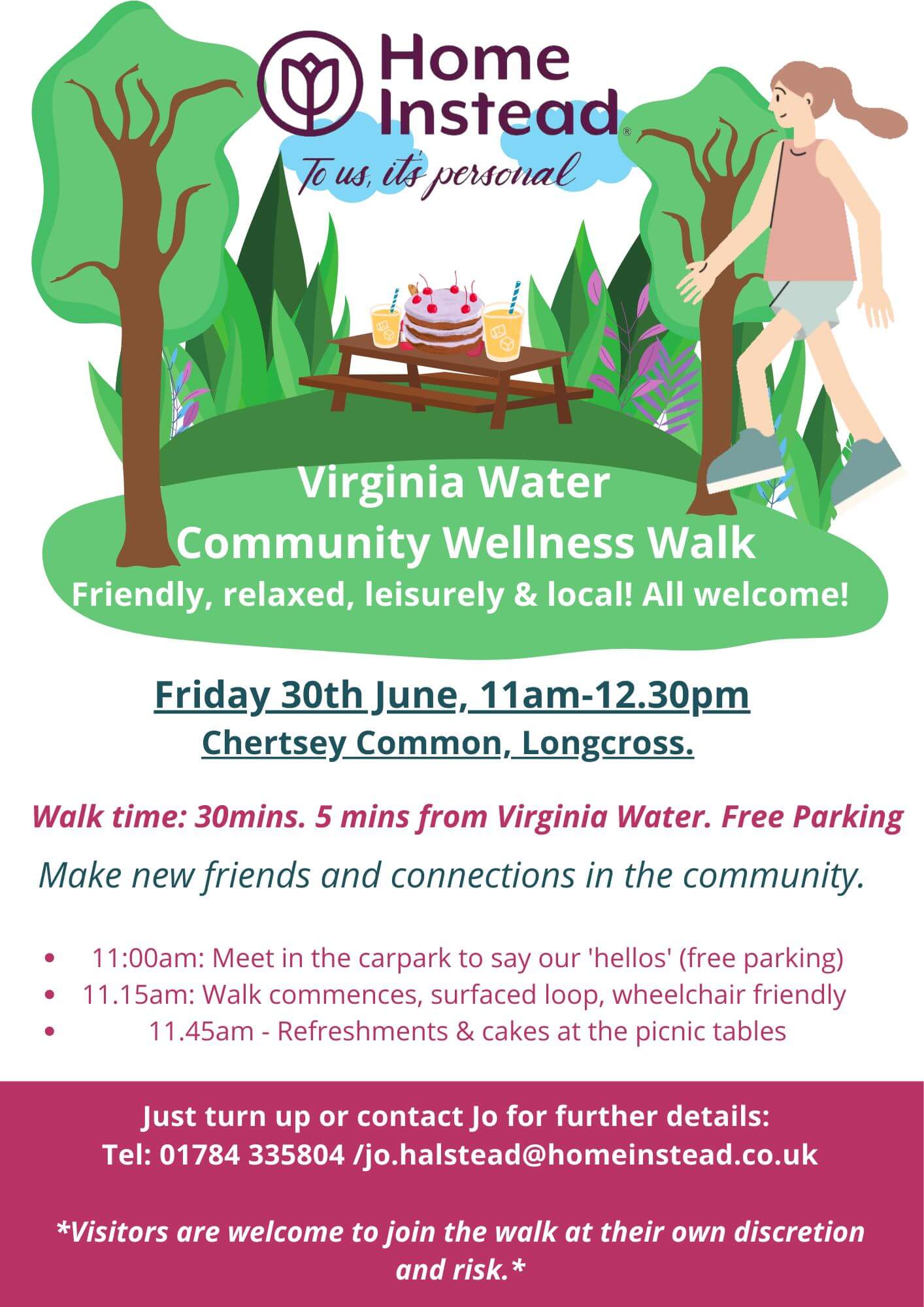 Flyer for Virginia Water Community Wellness Walk on 30th June, 11am-12.30pm at Chertsey Common. Friendly, relaxed, all welcome. - Home Instead