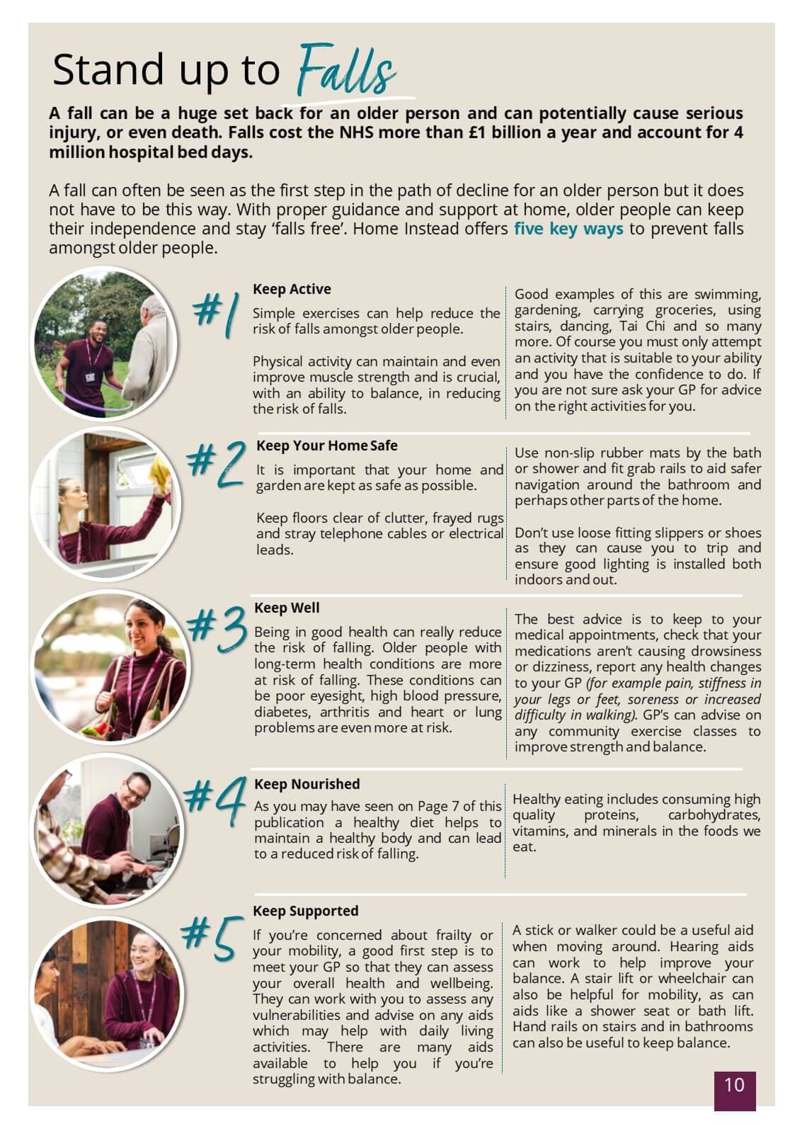 Flyer with tips on preventing falls for older adults. Includes sections: Keep Active, Home Safety, Keep Well, Eyes and Feet, Use Equipment. - Home Instead