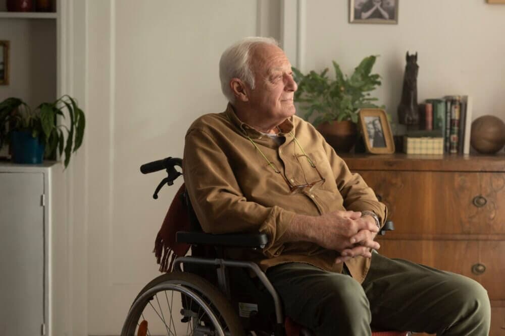 Elderly man in a wheelchair looking out thoughtfully, with indoor plants and shelves in the background. - Home Instead