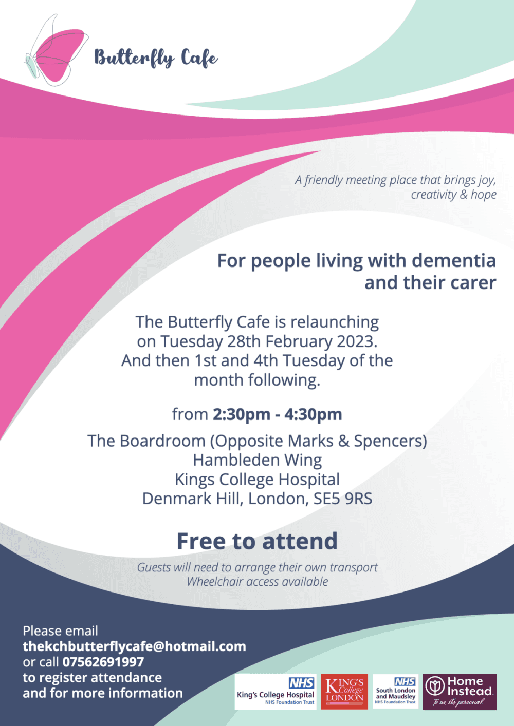 Flyer for Butterfly Cafe event for people with dementia and their carers, free attendance, details and dates provided. - Home Instead