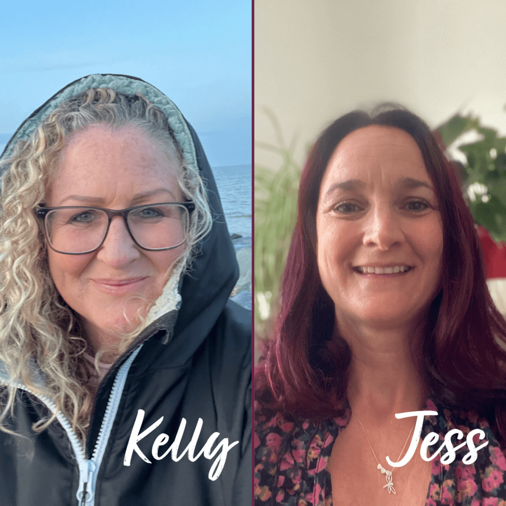 Side-by-side images of two women, Kelly in a hooded jacket outdoors and Jess indoors, smiling. Names are shown on each. - Home Instead